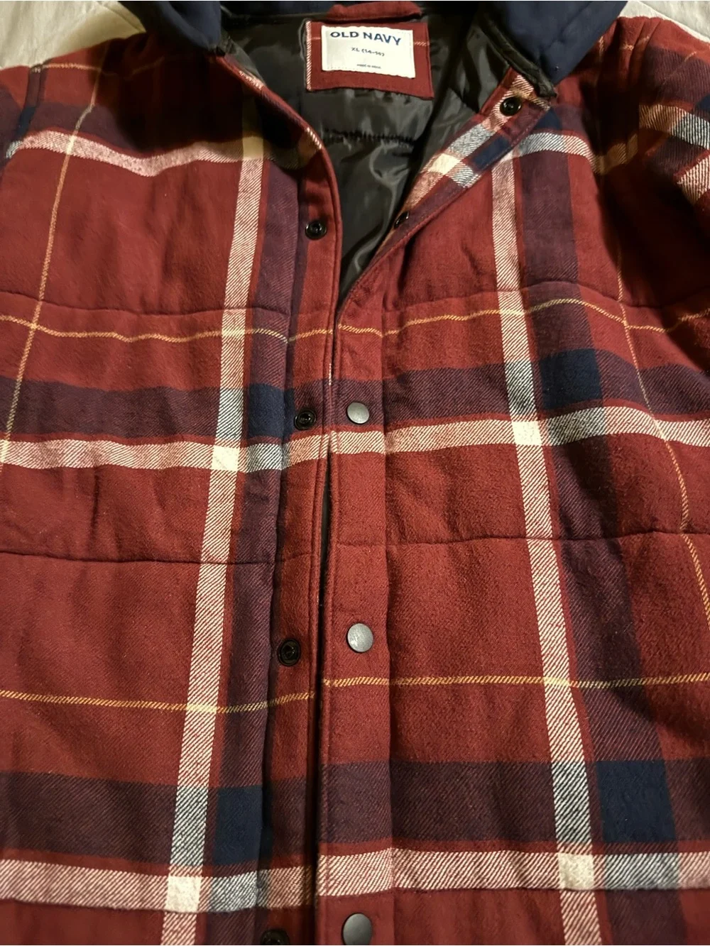 Old Navy Burgundy Plaid Hooded Puffer Jacket with Navy Hood
